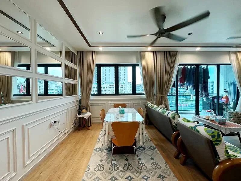 Living features: wooden flooring, 5-blade ceiling fan with light, floor-to-ceiling windows, sheer curtains, dining table with 6 chairs, sofa with patterned upholstery, decorative area rug, wall-mounted mirrors, wall paneling with crown moulding, balcony access, decorative plants, light fixtures, laundry hanging on balcony; style: modern; view: city.