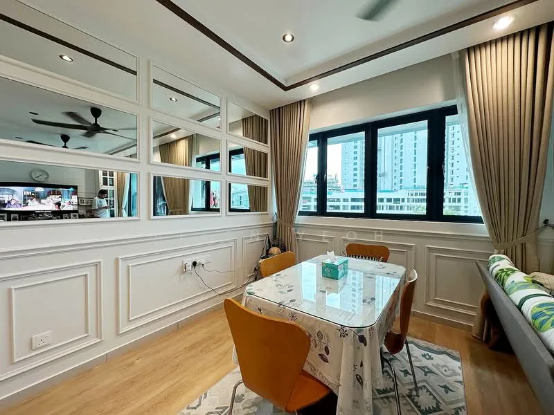 Dining features: dining table with 4 chairs, white tablecloth with patterned design, floor-to-ceiling windows, curtains in beige, wooden flooring, wall with decorative paneling, ceiling with recessed lighting, ceiling fan, mirror wall, decorative wall art; style: modern; view: city.