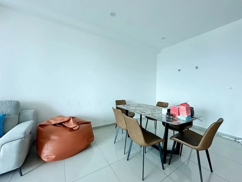 Dining features: rectangular dining table, 6 upholstered dining chairs, beige wall, large windows, polished ceramic tile flooring, decorative table runner, bean bag chair in orange, sofa in grey fabric; style: modern.