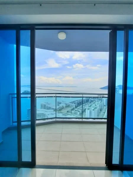 Balcony features: floor-to-ceiling sliding glass doors, blue painted walls, tile flooring, ocean view, city skyline view, railing, outdoor space; style: modern; view: sea.