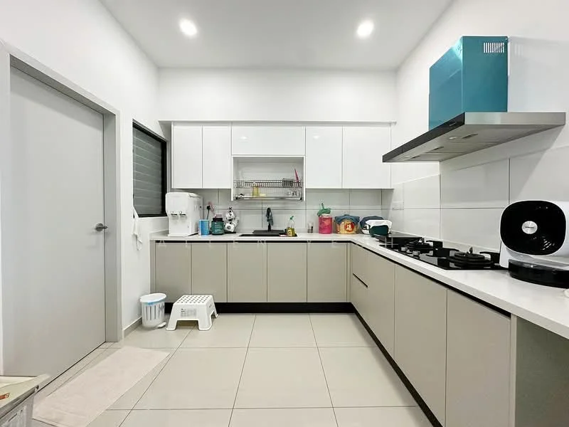 Kitchen features: white shaker cabinets, grey lower cabinets, stainless-steel sink, chrome pull-down faucet, white countertop, built-in gas hob, built-in range hood, microwave, kitchen shelf with storage, tile backsplash, ceramic tile flooring, recessed LED downlights, window with blinds, white stool, kitchen mat; style: modern.