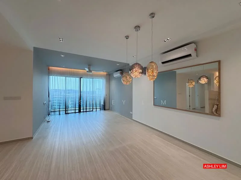 Living features: light wood flooring, grey accent wall, white painted walls, 5-blade ceiling fan with light, recessed LED downlights, hanging pendant lights, floor-to-ceiling windows, sheer curtains, mirror wall, air conditioning unit; style: modern; view: city.