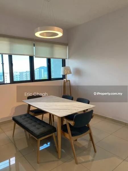 Dining features: marble dining table, wooden dining chairs, upholstered bench seating, pendant light fixture, floor-to-ceiling windows, roller blinds, grey painted walls, glossy tile flooring; style: modern; view: city.