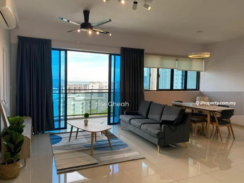 Living features: 3-seater fabric sofa in grey, coffee table, area rug with geometric pattern, floor-to-ceiling windows, sliding glass door, curtains, ceiling fan with light, dining table with chairs, wall-mounted TV, decorative plants, light-colored walls, tile flooring; style: modern; view: city.
