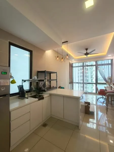 Kitchen features: white cabinetry, marble countertop, stainless-steel sink, chrome pull-down faucet, built-in refrigerator, pendant lighting, 5-blade ceiling fan, large window with city view, tile flooring, open layout, kitchen island, coffee machine, microwave; style: modern; view: city.