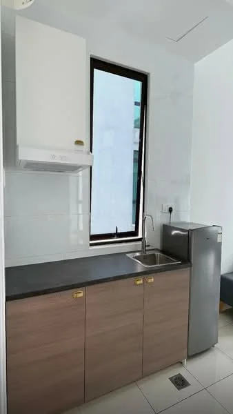 Kitchen features: single-bowl stainless-steel sink, chrome pull-down faucet, black countertop, wood cabinetry with brown finish, built-in range hood, stainless-steel fridge, white tiled walls, white tiled flooring, window with black frame, recessed ceiling lights; style: modern.