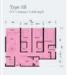 Floor plan: 3-bedroom 2-bathroom unit; features: open-plan kitchen-dining-living, master bedroom with ensuite bathroom, bedroom 2 with shared bathroom, utility room, balcony off living room, central foyer, 2 car porch, 1,250 sqft built-up.