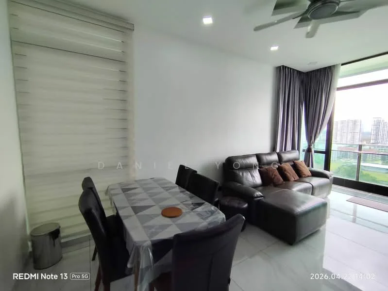 Living features: grey leather sectional sofa, 4-seater dining table with checkered tablecloth, black dining chairs, white painted walls, marble tile flooring, floor-to-ceiling windows, curtains, ceiling fan with light, decorative cushions on sofa, waste bin; style: modern; view: city.