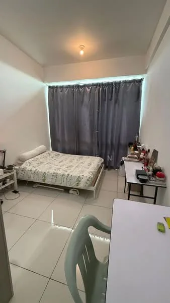 Bedroom features: white painted walls, white ceiling, recessed ceiling light, floor-to-ceiling windows with grey curtains, queen-size bed with patterned bedding, white bed frame, tile flooring, study desk with chair, dressing table, decorative items on dressing table; style: modern.