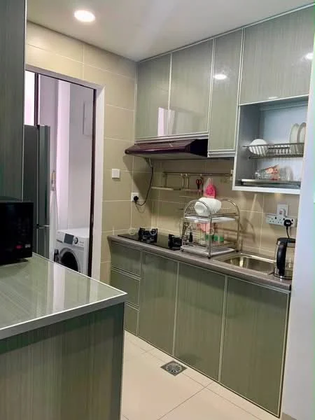 Kitchen features: green laminate cabinetry, stainless-steel sink, chrome pull-down faucet, built-in oven, microwave, refrigerator, washing machine, countertop with grey finish, tile backsplash, under-cabinet lighting, open shelving, wall-mounted power outlets, floor tiles, kitchen utensils on countertop; style: modern.