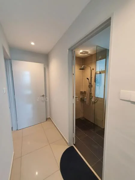 Room features: light grey painted walls, glossy beige tile flooring, recessed downlights, glass shower enclosure, shower head, wall-mounted shower controls, white door, dark tile flooring in shower area, white switch, doorway leading to shower, doorway leading to another room; style: modern.