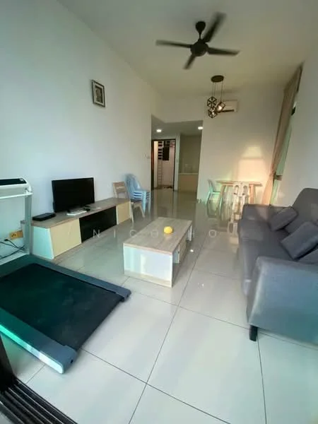 Living features: grey fabric sofa, glass coffee table, TV console, wall-mounted TV, ceiling fan with light, white painted walls, tile flooring, large window with sheer curtains, decorative wall art, exercise treadmill; style: modern.