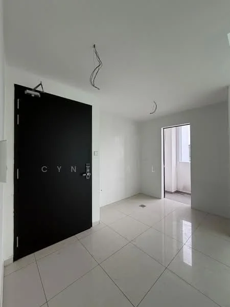Room features: white painted walls, glossy ceramic tile flooring, black front door, door frame with no visible trim, exposed electrical wiring, window with no visible treatment, corner window, neutral color scheme; style: modern.