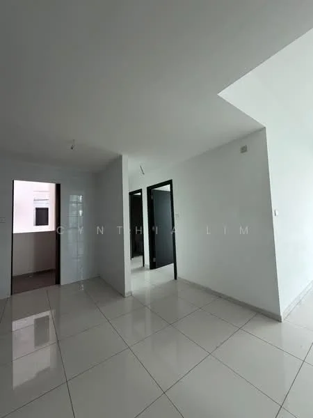 Room features: white painted walls, glossy white floor tiles, recessed ceiling lights, open layout, doorway leading to another room, doorway leading to bathroom, large windows for natural light, neutral color scheme; style: modern.