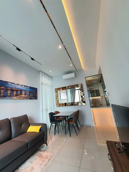 Living features: grey fabric sofa, yellow throw pillow, area rug, wall-mounted TV, recessed downlights, ceiling with LED strip lighting, large window with sheer curtains, decorative mirror, artwork on wall, dining table with four chairs, air conditioning unit; style: modern.