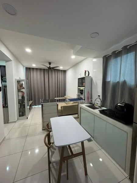 Kitchen features: white cabinetry, black countertop, stainless-steel sink, chrome pull-down faucet, built-in oven, freestanding range oven, refrigerator, 4-burner gas hob, pendant light, ceiling fan, white walls, grey curtains, tile flooring; style: modern. Living features: sofa, coffee table, TV console, wall-mounted TV, area rug, grey curtains, white walls, tile flooring; style: modern.