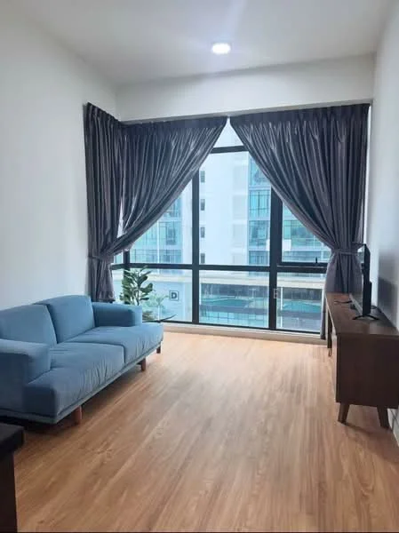 Living features: blue fabric sofa, wooden TV console, floor-to-ceiling windows, grey curtains, laminate flooring, indoor plant, recessed downlights; style: modern; view: city.