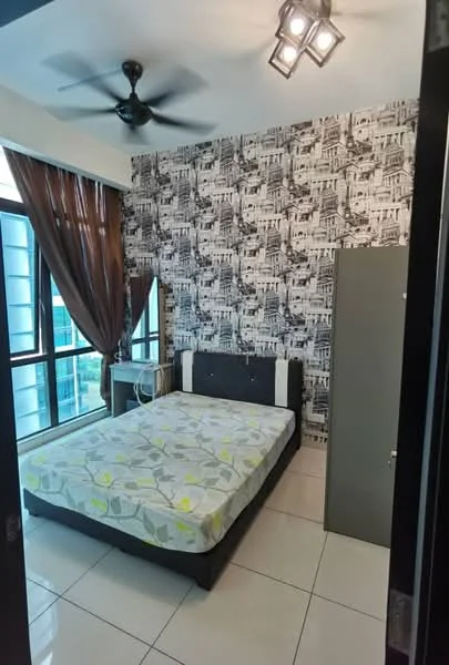 Bedroom features: queen-size bed with floral bedding, black upholstered headboard, 2 bedside tables, ceiling fan, recessed downlights, floor-to-ceiling windows, brown sheer curtains, black and white patterned wallpaper, white tiled flooring, built-in wardrobe; style: modern; view: city.
