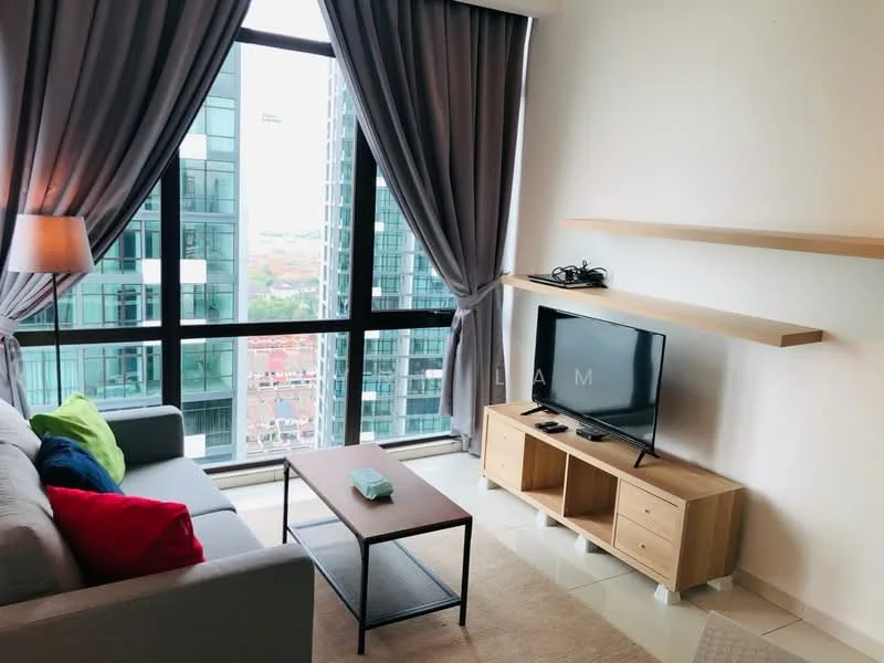 Living features: floor-to-ceiling windows, grey fabric sofa, colorful throw pillows in red and green, wooden TV console, wall-mounted TV, light wood shelving unit, beige area rug, curtains in grey, lampshade floor lamp, tile flooring; style: modern; view: city.