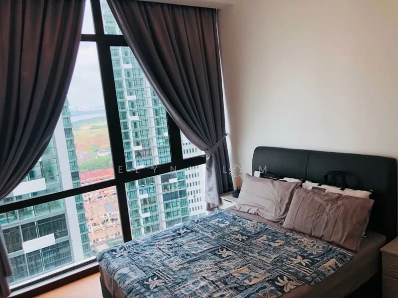 Bedroom features: king-size bed with upholstered headboard, bedding with floral pattern, floor-to-ceiling windows, grey curtains, wooden flooring, nightstand, decorative wall art, city view; style: modern; view: city.