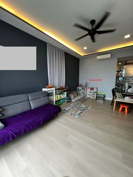 Living features: grey fabric sofa, purple throw blanket, light wood flooring, ceiling fan, recessed LED downlights, floor-to-ceiling curtains, children's play area with toys, decorative area rug; style: modern.