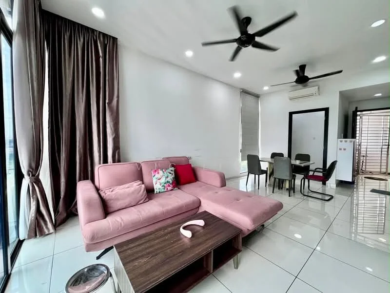 Living features: L-shape sectional sofa in pink, decorative cushions, coffee table with wooden surface, floor-to-ceiling windows, curtains in dark grey, white painted walls, recessed downlights, 2 ceiling fans, glossy tile flooring, dining area with 4 chairs, white refrigerator, open layout; style: modern; view: city.