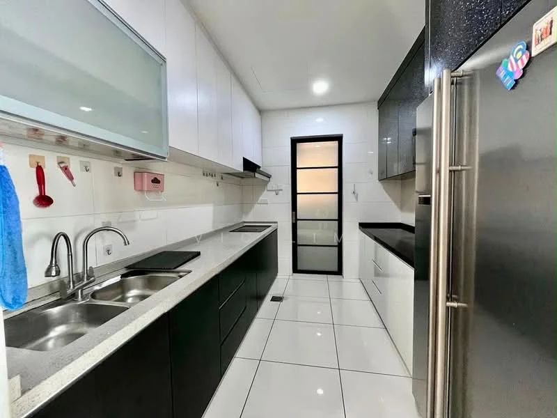 Kitchen features: double-bowl stainless-steel sink, chrome pull-down faucet, granite countertop, white cabinetry, black cabinetry, built-in oven, freestanding fridge, glass panel door, white tiled flooring, recessed downlights, wall-mounted storage, black backsplash, open shelving; style: modern.