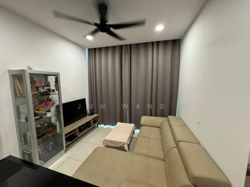Living features: L-shape sectional sofa in beige, coffee table, TV console, wall-mounted TV, floor-to-ceiling windows with sheer curtains, ceiling fan, white painted walls, tile flooring, decorative shelving unit, area rug; style: modern.