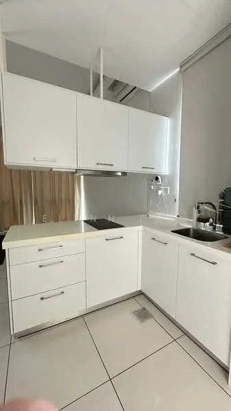 Kitchen features: white cabinetry with flat-panel doors, stainless-steel sink, chrome pull-down faucet, white countertop, built-in stove, exhaust hood, tile flooring, recessed downlights, window with sheer curtains, open shelving; style: modern.