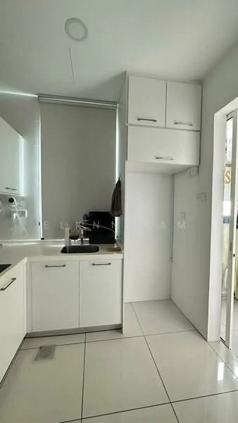 Kitchen features: white cabinetry, stainless-steel sink, chrome pull-down faucet, countertop with wood finish, built-in appliances, ceramic tile flooring, recessed downlights, window with sheer curtains, open shelving, corner storage unit; style: modern.