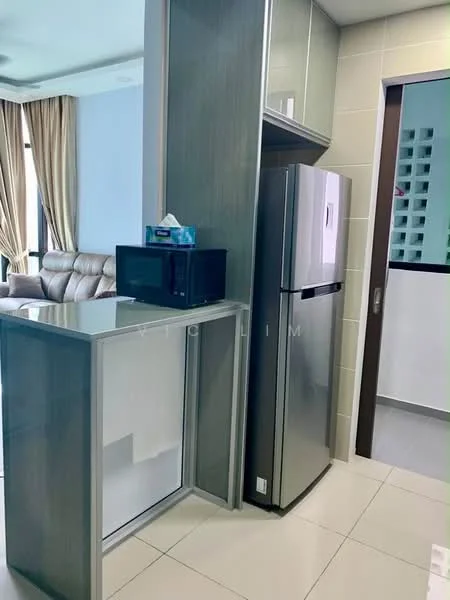 Kitchen features: stainless-steel fridge, microwave, glass-front cabinetry, white tiled backsplash, grey laminate countertops, white ceramic tile flooring, window with sheer curtains, open shelving, kitchen island with storage; style: modern.