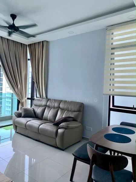 Living features: 3-seater leather sofa in beige, floor-to-ceiling windows, sheer curtains, roller blinds, ceiling fan, white painted walls, glossy tile flooring, decorative throw pillows, coffee table, dining table with chairs; style: modern; view: city.