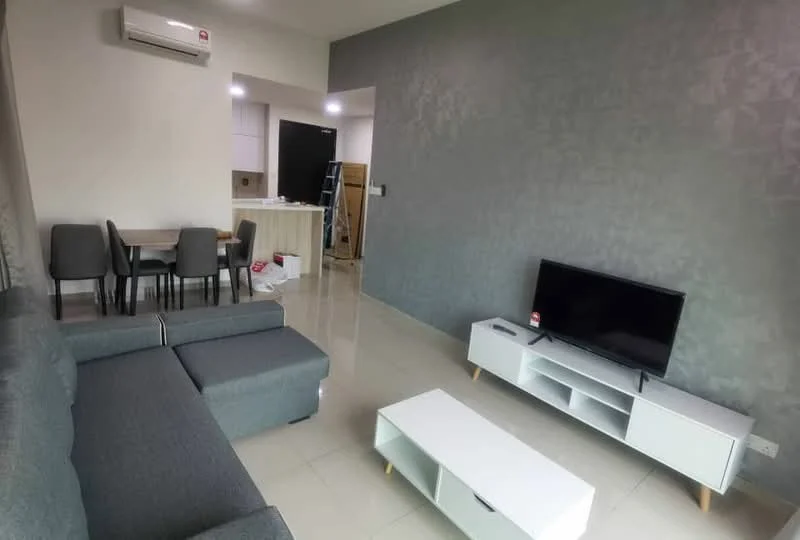 Living features: grey fabric L-shape sectional sofa, white coffee table, wall-mounted TV, TV console with storage, cream tiled flooring, air conditioning unit, accent wall with textured finish, recessed lighting, open-plan layout to dining area; style: modern. Dining features: 4-seater dining table, grey upholstered dining chairs, open kitchen layout, kitchen island with bar stools; style: modern.