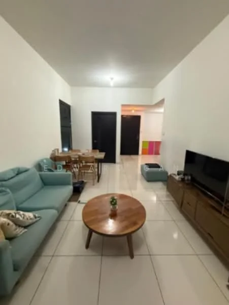Living features: light blue fabric sofa, round wooden coffee table, wall-mounted TV, TV console in brown wood, white painted walls, glossy white tile flooring, recessed ceiling lights, black doors, decorative plant on coffee table; style: modern.