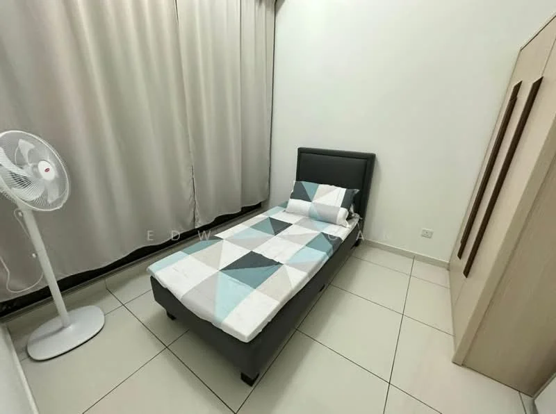 Bedroom features: single bed with grey upholstered headboard, white bedding with geometric pattern, floor-to-ceiling window with sheer curtains, white tiled flooring, wall-mounted fan, built-in wardrobe with sliding doors, plain white walls, minimalist decor; style: modern.
