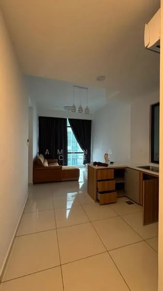 Living features: white painted walls, glossy ceramic tile flooring, floor-to-ceiling windows, dark curtains, sofa in brown, coffee table, desk with drawers, recessed downlights; style: modern; view: city.