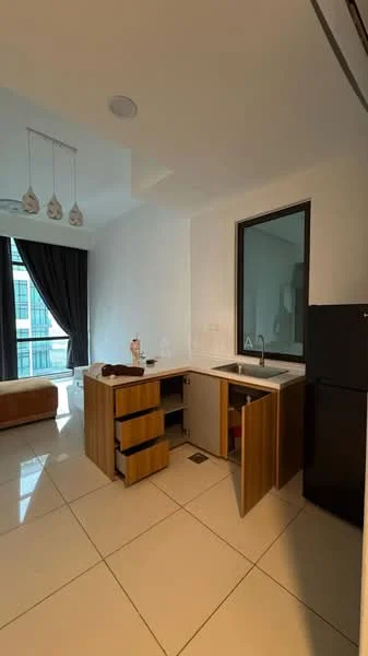 Kitchen features: white cabinetry, wooden drawers, single-bowl stainless-steel sink, chrome pull-down faucet, white countertop, built-in fridge, tile flooring, recessed downlights; style: modern. Living features: sofa, floor-to-ceiling window, curtains, tile flooring; style: modern; view: city.