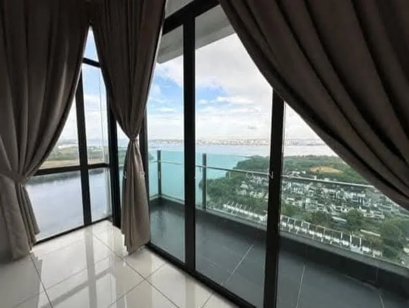Room features: floor-to-ceiling windows, sliding glass door, grey curtains, white tiled flooring, ocean view, city skyline view, balcony access; style: modern; view: sea.