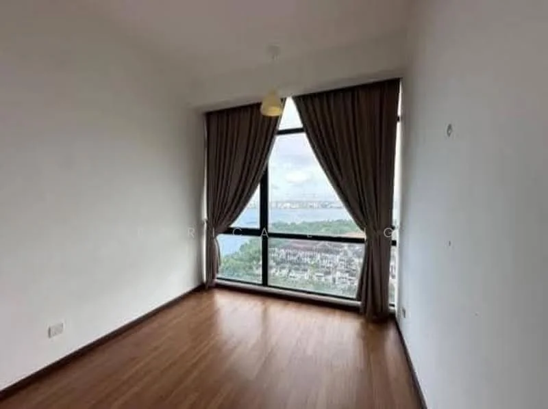 Room features: large floor-to-ceiling window, curtains, wooden flooring, plain white walls, ceiling light fixture; style: modern; view: city.