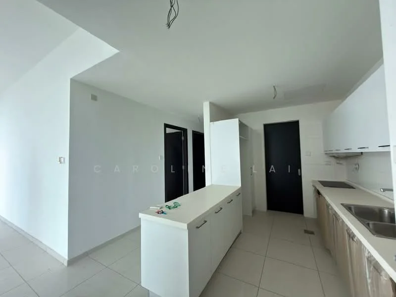 Kitchen features: white painted walls, light grey floor tiles, flat-panel white cabinets, countertop with integrated sink, stainless-steel sink, single-bowl sink, built-in cabinetry, open layout, no visible appliances, recessed ceiling lights; style: modern.