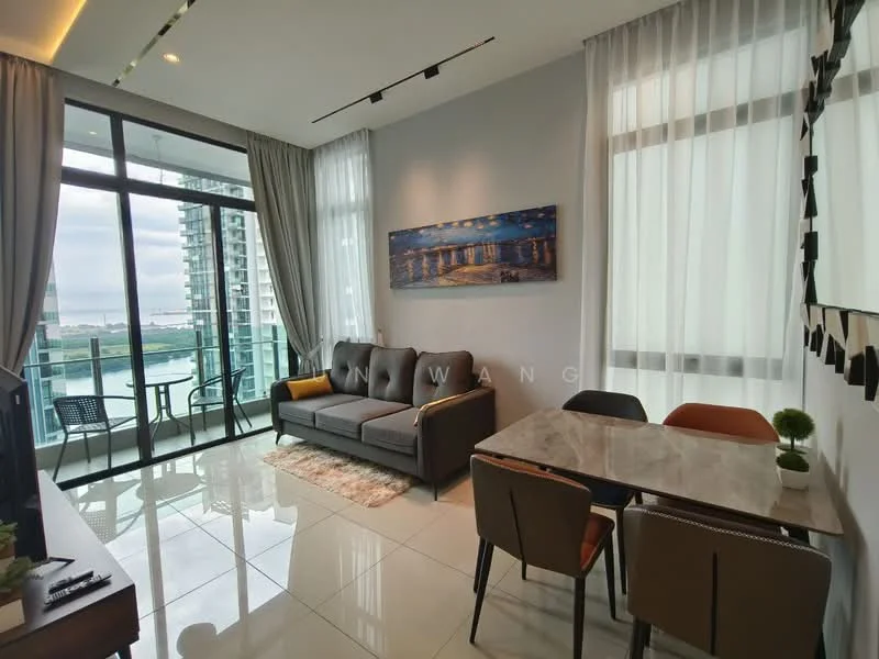 Living features: floor-to-ceiling windows, grey fabric sofa, area rug with geometric pattern, marble flooring, recessed downlights, wall-mounted TV, decorative mirror, dining table with marble top, upholstered dining chairs, curtains, artwork on wall, balcony access; style: modern; view: city.