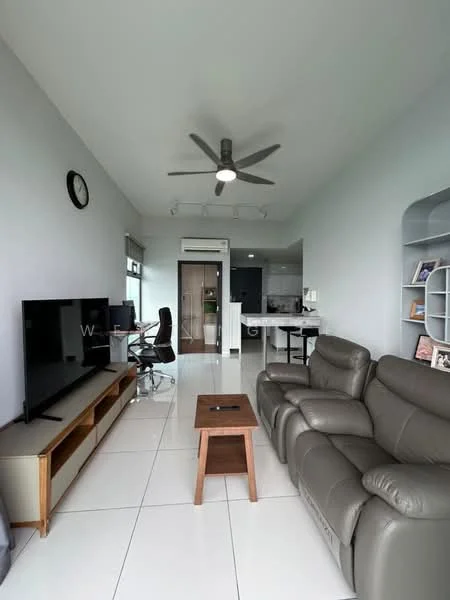 Living features: 3-seater leather sofa in grey, wooden coffee table, wall-mounted TV, TV console, floor-to-ceiling windows, 5-blade ceiling fan with light, recessed downlights, white painted walls, glossy tile flooring, decorative wall shelf with books, clock on wall, office chair, desk with computer; style: modern.