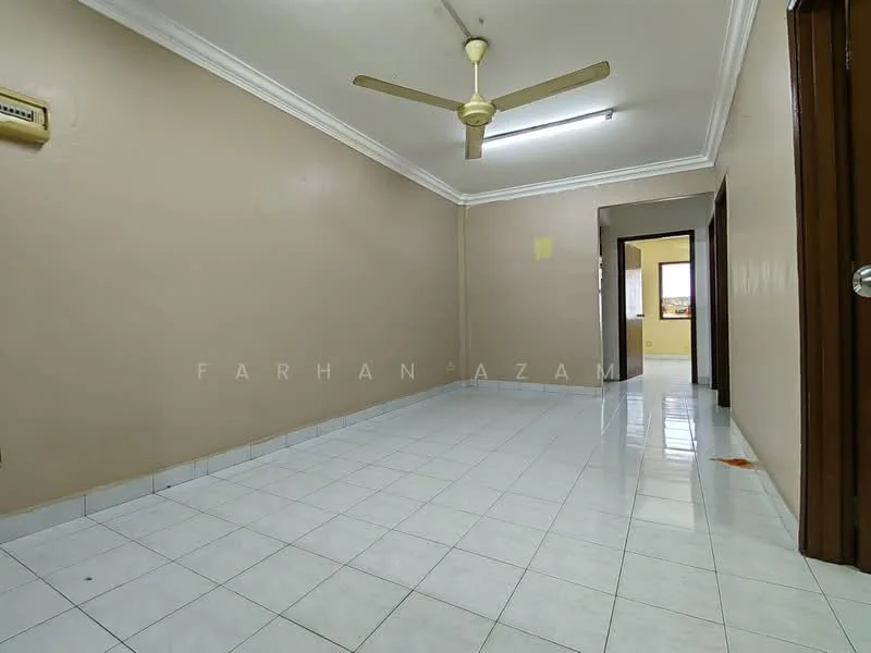 Room features: cream painted walls, white tiled flooring, ceiling fan, crown moulding, doorway leading to another room, doorway leading to hallway, light switch, window, no visible furniture.