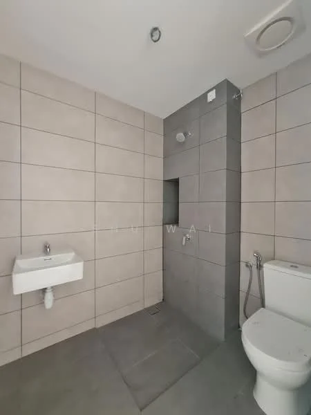 Bathroom features: grey tiled walls, light grey tiled flooring, single-wall mounted sink, chrome faucet, walk-in shower with glass partition, rain shower head, toilet, handheld shower, exhaust fan, recessed ceiling light; style: modern.