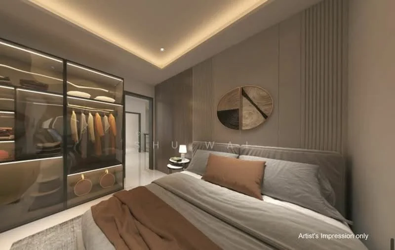 Bedroom features: king-size bed with brown bedding, upholstered headboard, built-in wardrobe with glass doors, decorative wall paneling, recessed ceiling lights, nightstand with lamp, neutral wall color, flooring not visible; style: modern.