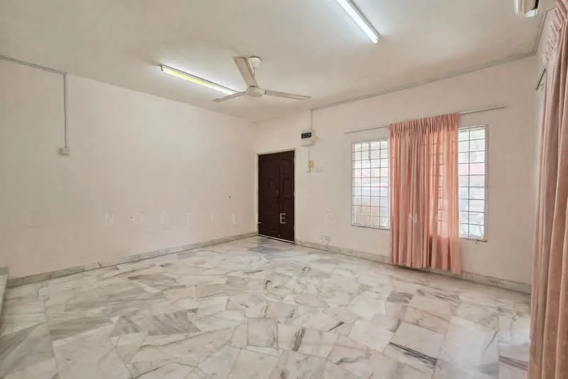 Room features: marble flooring, white painted walls, ceiling fan, window with sheer curtains, door with dark wood finish, light fixtures on ceiling, corner wall with electrical outlet, air conditioning unit on wall.
