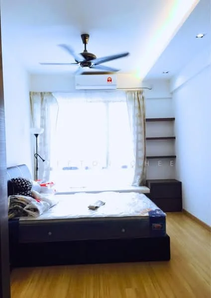 Bedroom features: queen-size bed, upholstered headboard, 2 bedside lamps, wall-mounted split AC, 5-blade ceiling fan, wooden flooring, floor-to-ceiling window, sheer curtains, built-in shelving unit, decorative wall shelf; style: modern.