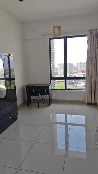 Room features: white painted walls, glossy tile flooring, large window with city view, curtains, black wooden desk, black cabinet, ceiling fan; style: modern; view: city.