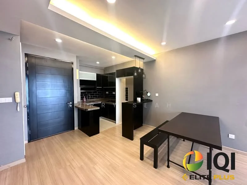 Living features: grey painted walls, wooden flooring, recessed downlights, kitchen island with seating, black cabinetry, stainless-steel sink, built-in oven, microwave, dining table with chairs, open layout, floor-to-ceiling windows, modern light fixture; style: modern.