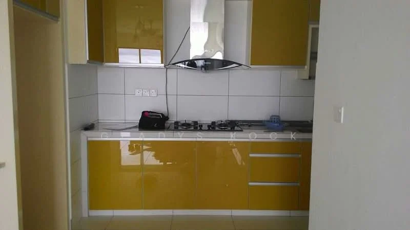 Kitchen features: yellow high-gloss cabinetry, white tiled backsplash, white countertop, stainless-steel gas hob, stainless-steel range hood, built-in oven, single-bowl stainless-steel sink, chrome pull-down faucet, ceramic tile flooring, recessed downlights; style: modern.